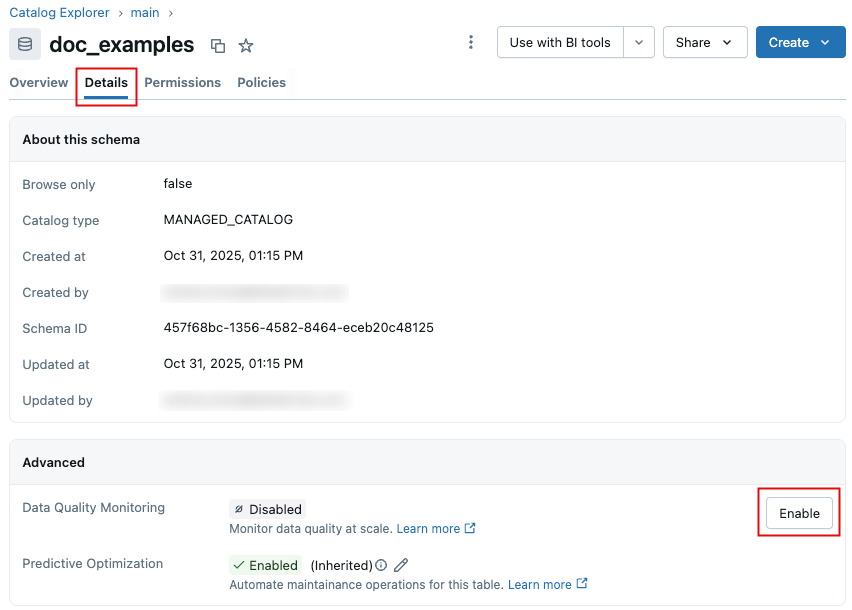 Details tab for the schema page in Catalog Explorer.