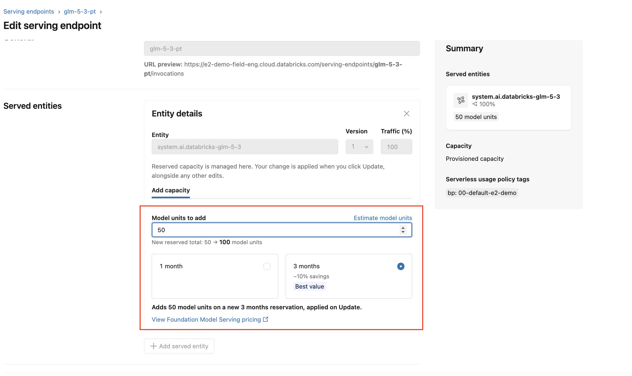 Add capacity tab on the Edit serving endpoint page, adding model units on a new reservation term.