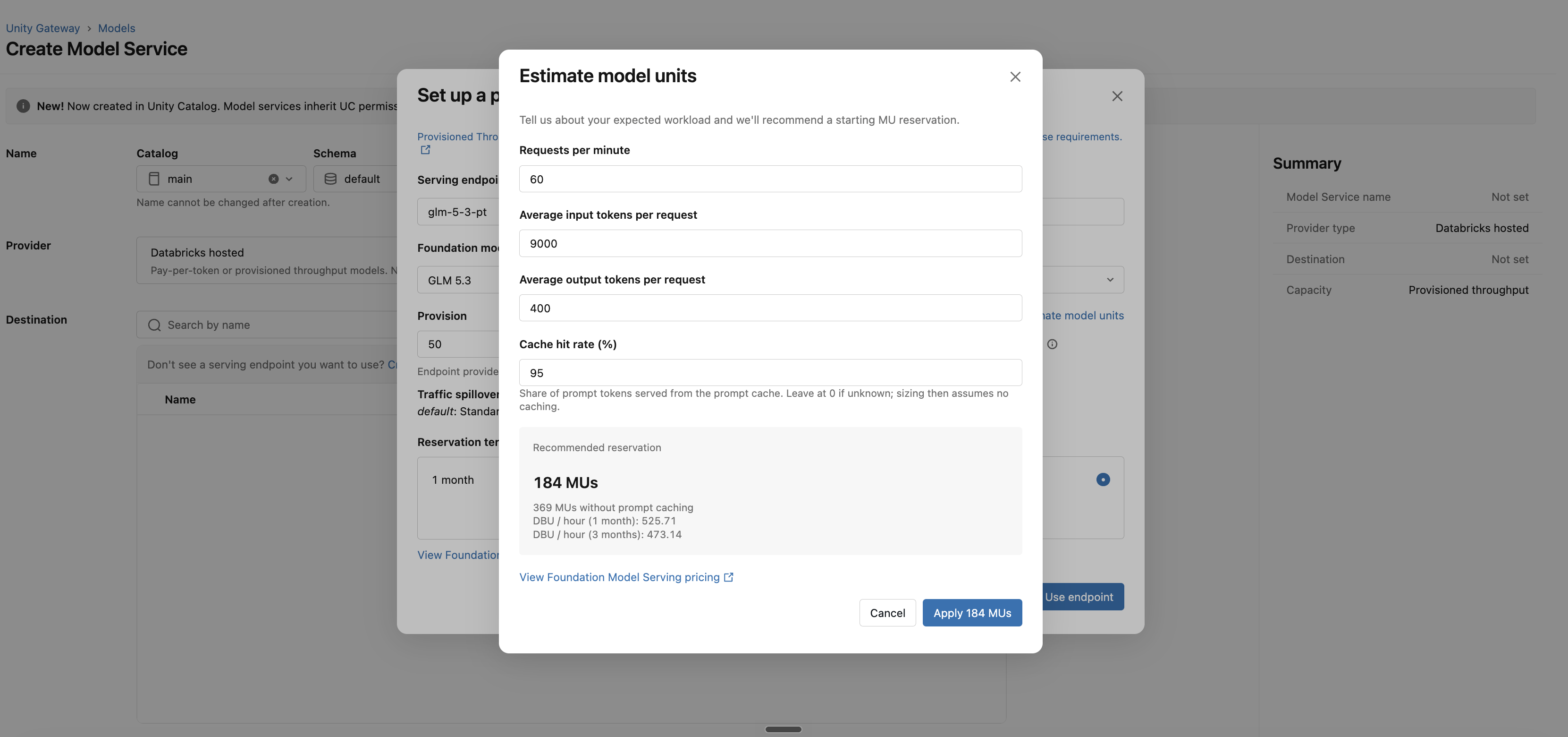 Estimate model units dialog with workload inputs and a recommended model unit reservation.