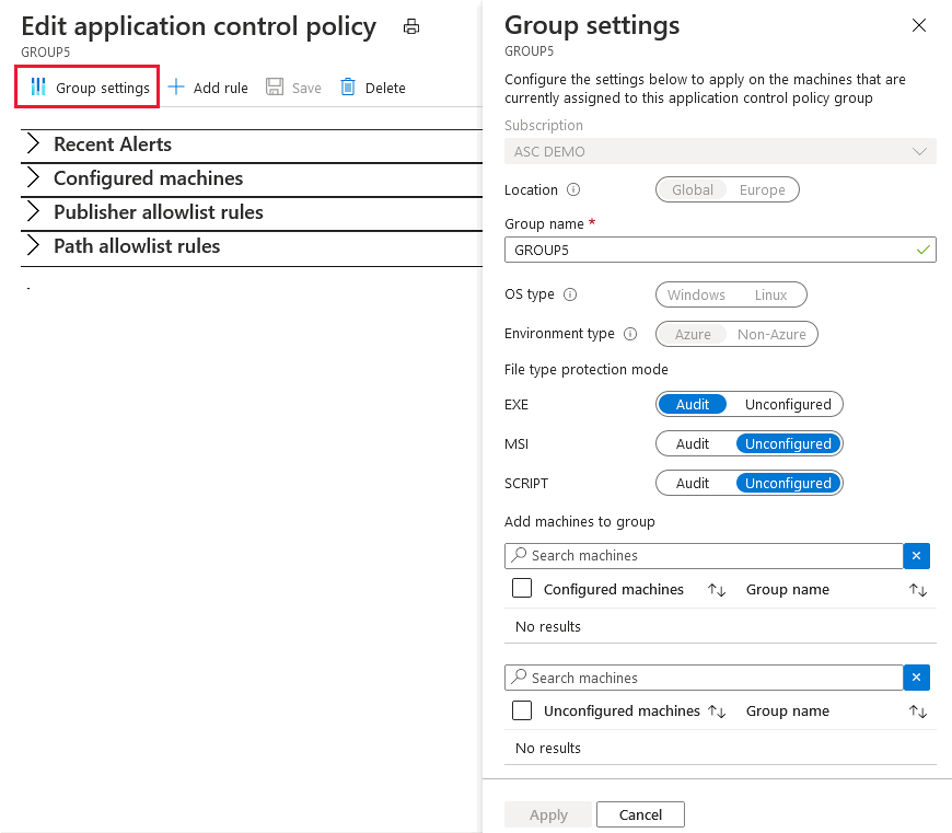 The group settings page for adaptive application controls.