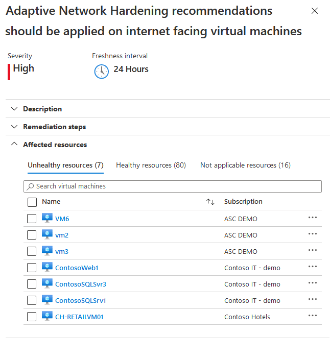 Details page of the recommendation Adaptive network hardening recommendations should be applied on internet facing virtual machines.