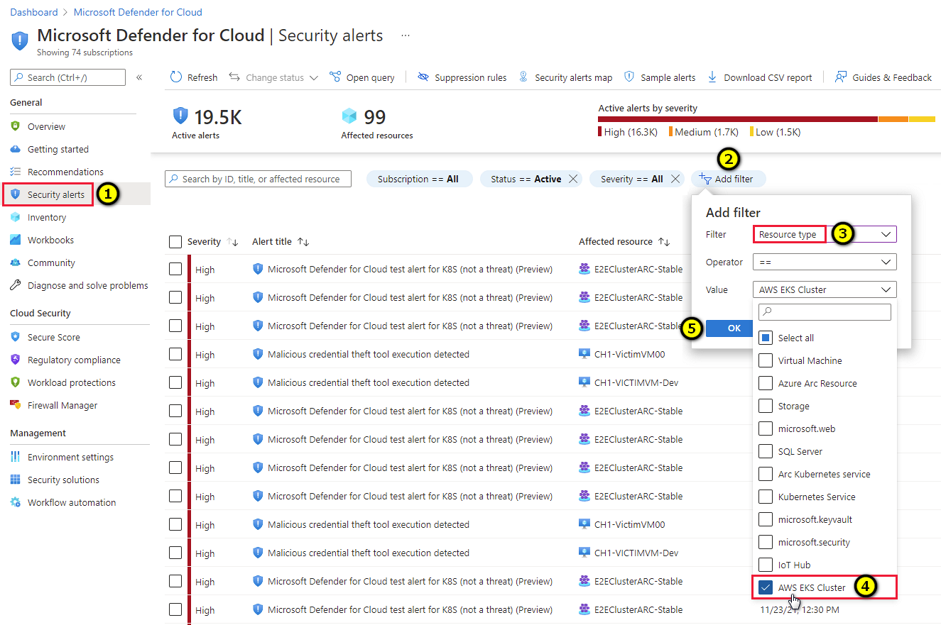 Screenshot of how to use filters on Microsoft Defender for Cloud's security alerts page to view alerts related to AWS EKS clusters.