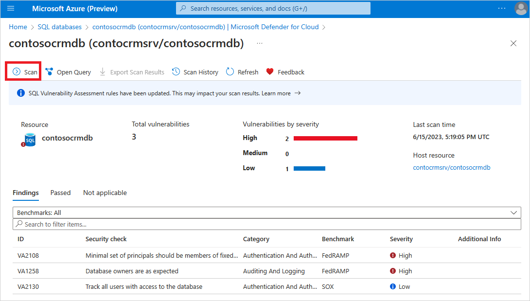 Screenshot of selecting Scan to run an on-demand vulnerability assessment scan of a SQL database.