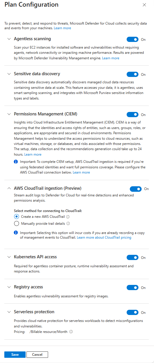 Screenshot of the available features of the Defender CSPM plan.