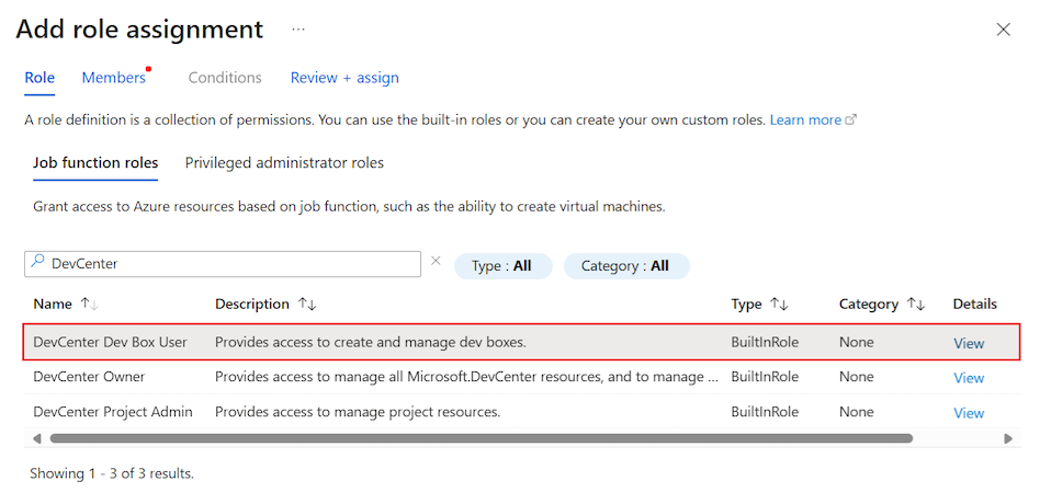 Screenshot that shows the Add role assignment pane with the DevCenter Dev Box User role highlighted.