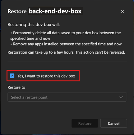 Screenshot of the developer portal, showing the Restore dialog box with the Restore to list highlighted.
