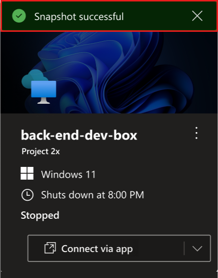 Screenshot of the developer portal, showing a dev box tile with the message Snapshot created.