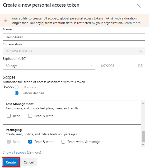 Screenshot showing how to create a new personal access token with packaging read & write scopes.