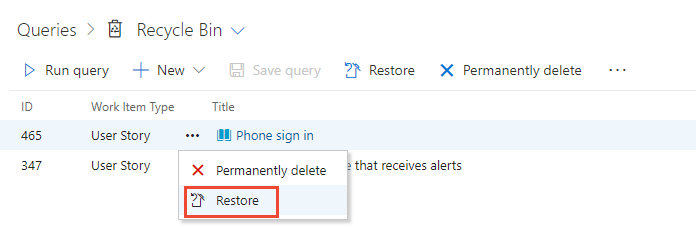 Screenshot of Restore selected items.