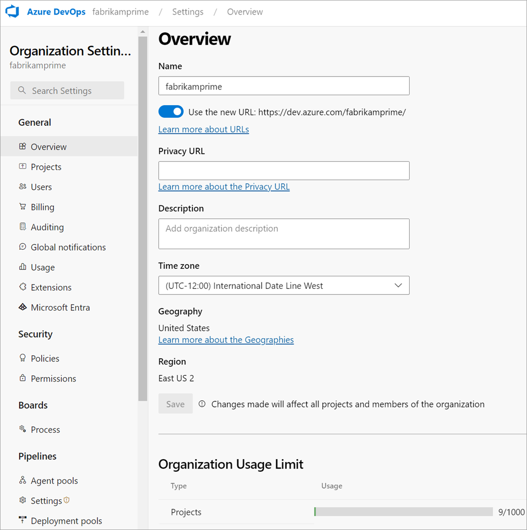 Screenshot of Organization settings options, cloud.