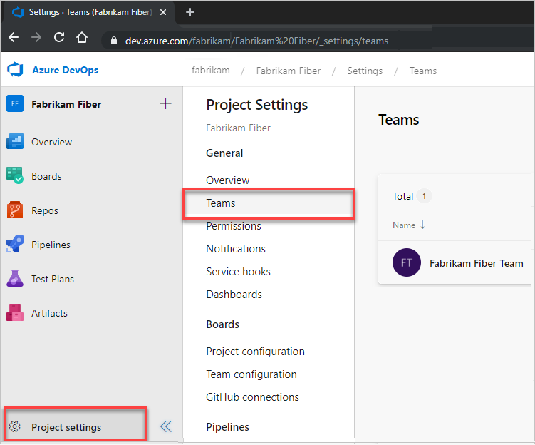 Screenshot of Open Project settings, and then Teams, new Teams page.