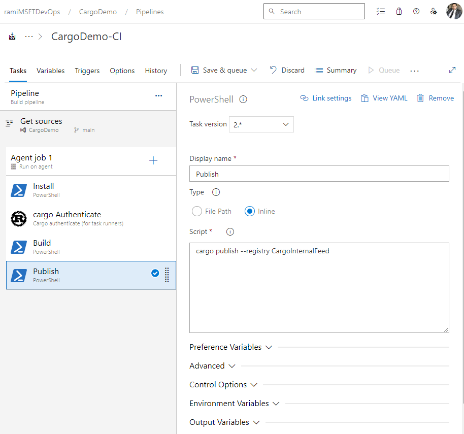 A screenshot showing how to publish crates to and Azure Artifacts feed using a classic pipeline.