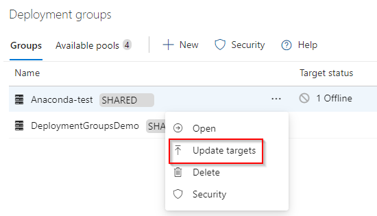 A screenshot showing how to update targets in deployment groups.