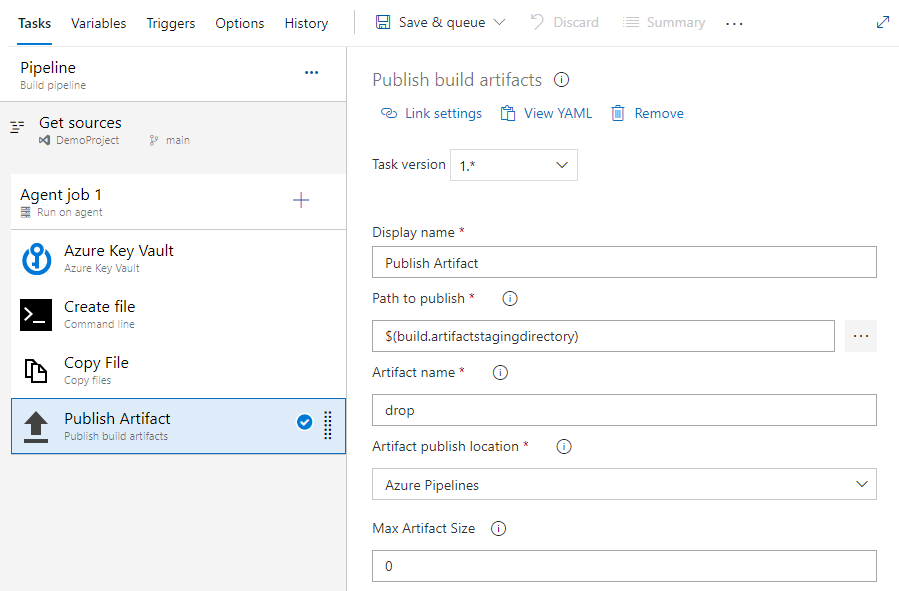 A screenshot showing how to set up the publish artifacts task in classic pipelines in Azure DevOps Server 2019.