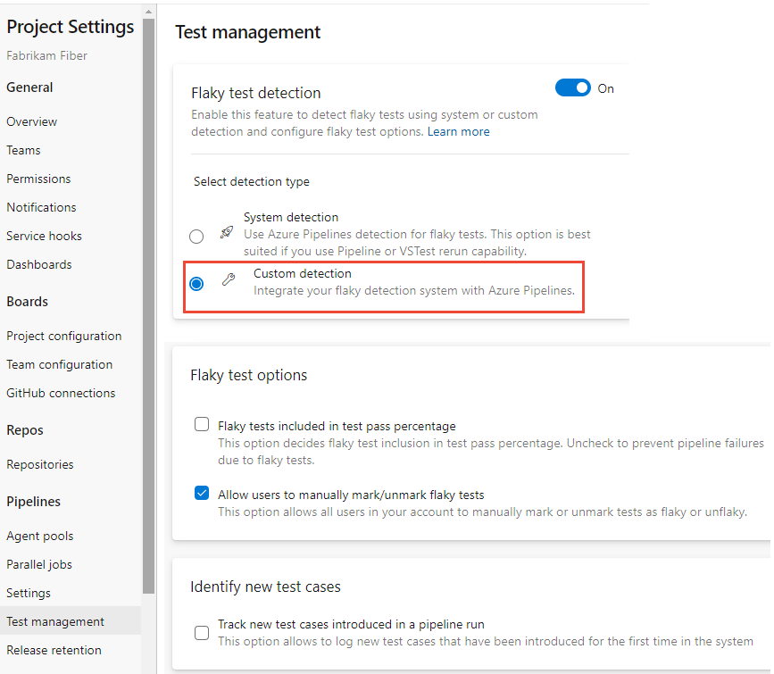 Screenshot of Test Management, Flaky test detection enabled, Custom detection.