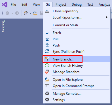 Screenshot of the 'New Branch' option in the Git menu in Visual Studio.