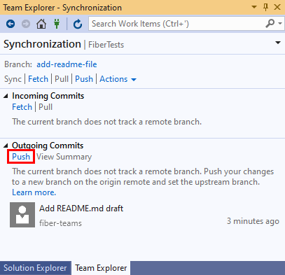 Screenshot of the Push link in the Synchronization view of Team Explorer in Visual Studio 2019.