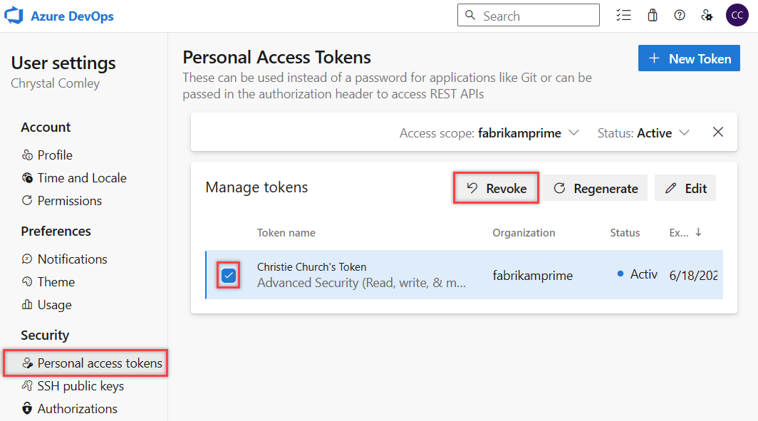 Screenshot showing selection to revoke a single token or all tokens.