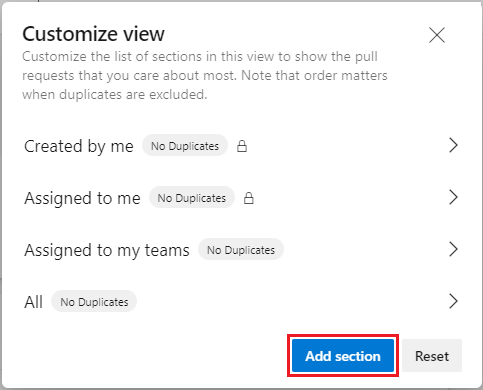 Screenshot showing the Customize view page with the Add section button.