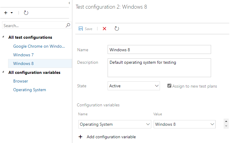 Screenshot of Azure Test Plans, Configurations hub