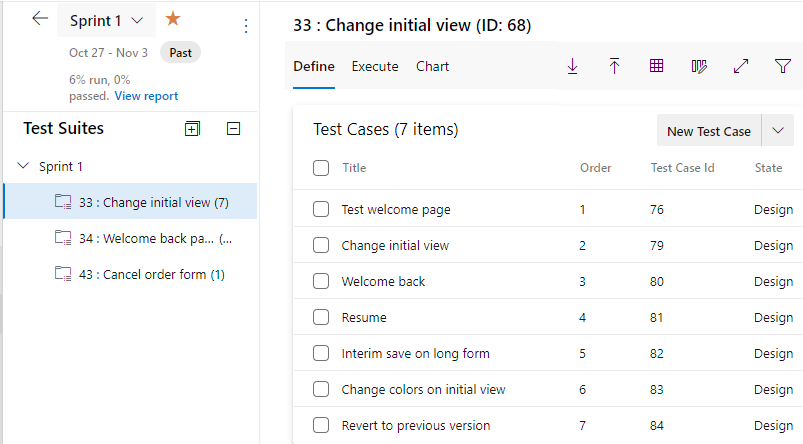 Screenshot of Azure Test Plans, Test plans, test suites, Define tab