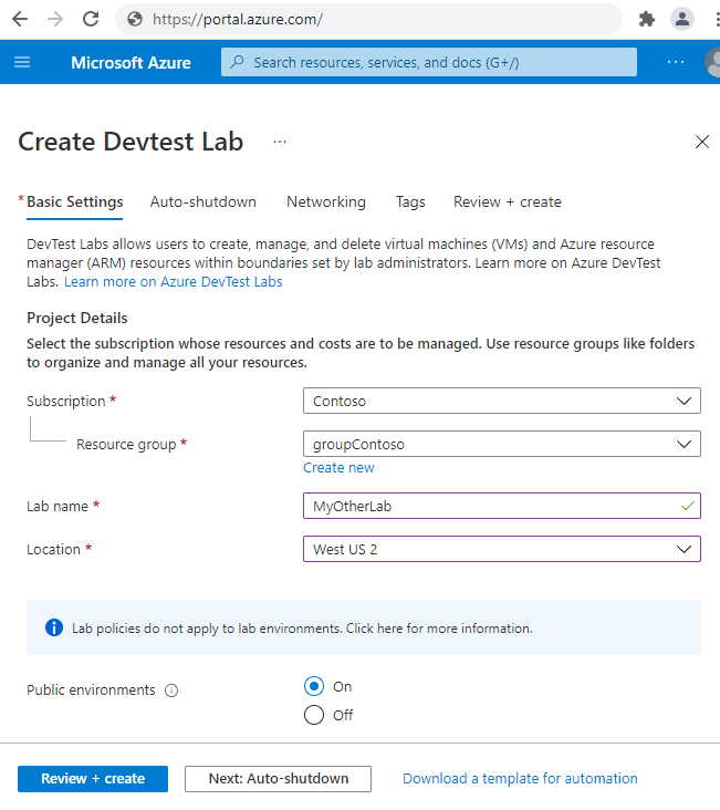 Screenshot of the Basic Settings tab in the Create DevTest Labs form.