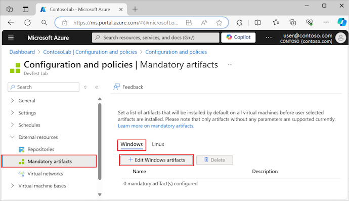 Screenshot that shows the Edit Windows artifacts button.