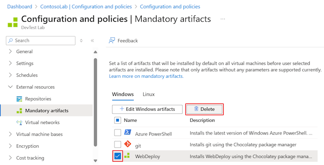 Screenshot that shows the Delete button to remove a mandatory artifact.