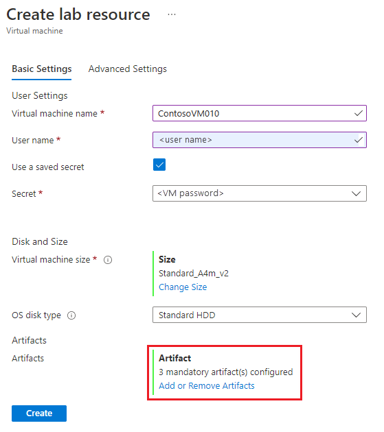 Screenshot that shows the Create lab resource screen with number of mandatory artifacts and Add or Remove Artifacts link.