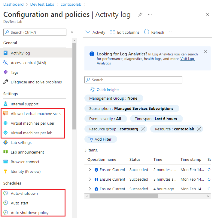 Screenshot that shows a lab's Configuration and Policies options.