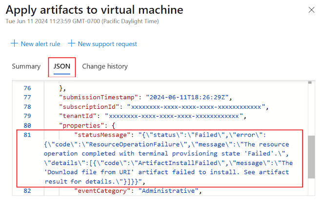 Screenshot that shows how to view the JSON details for the Activity log entry for a failed artifact.