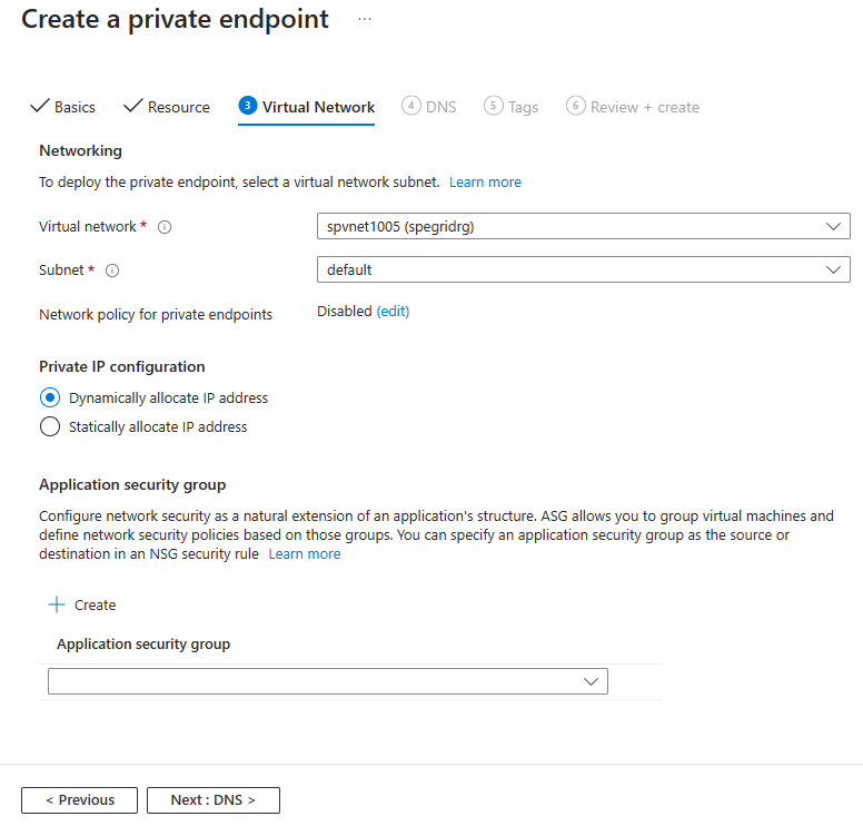 Screenshot showing the Virtual Network page of the Create a private endpoint wizard.