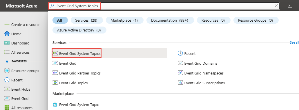 Screenshot that shows the Azure portal with Event Grid System Topics in the search box.
