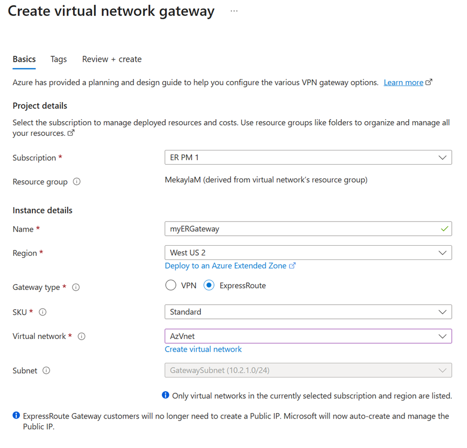 Screenshot of the create for virtual network gateway for ExpressRoute.