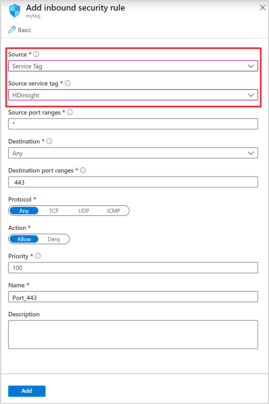 Add a service tag from the Azure portal.