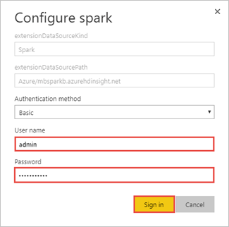 Screenshot showing Sign in to Spark cluster.