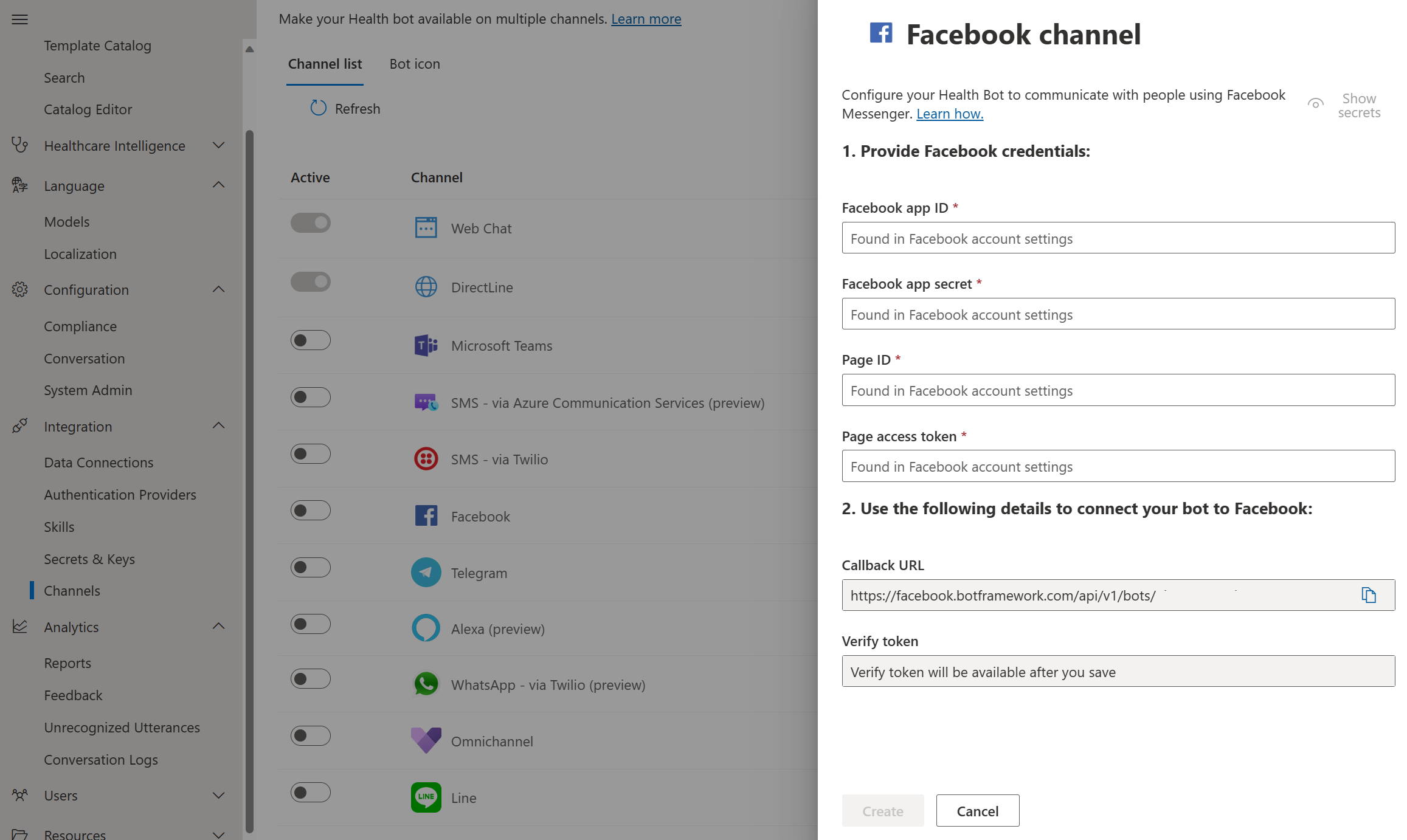 Screenshot of Facebook settings on the channels page