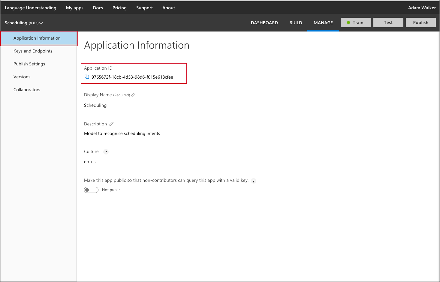 Screen shot of LUIS application ID