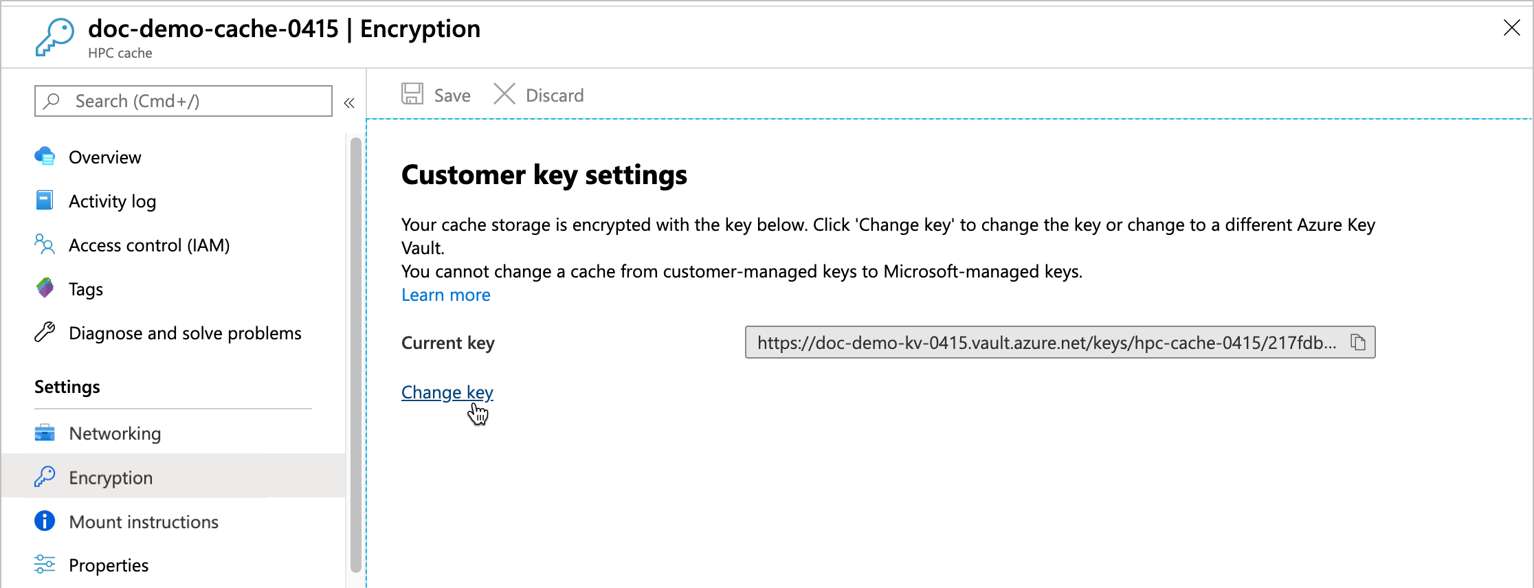 Screenshot of "Customer keys settings" page, reached by clicking Settings > Encryption from the cache page in the Azure portal.