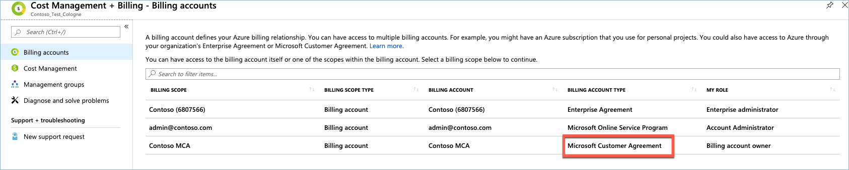 Microsoft Customer Agreement, Billing Account Type, Billing account list, Microsoft Azure portal