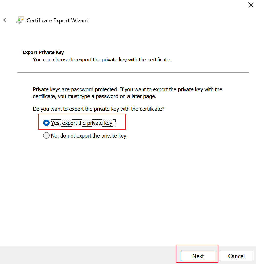 Screenshot showing Yes export the private key selected.