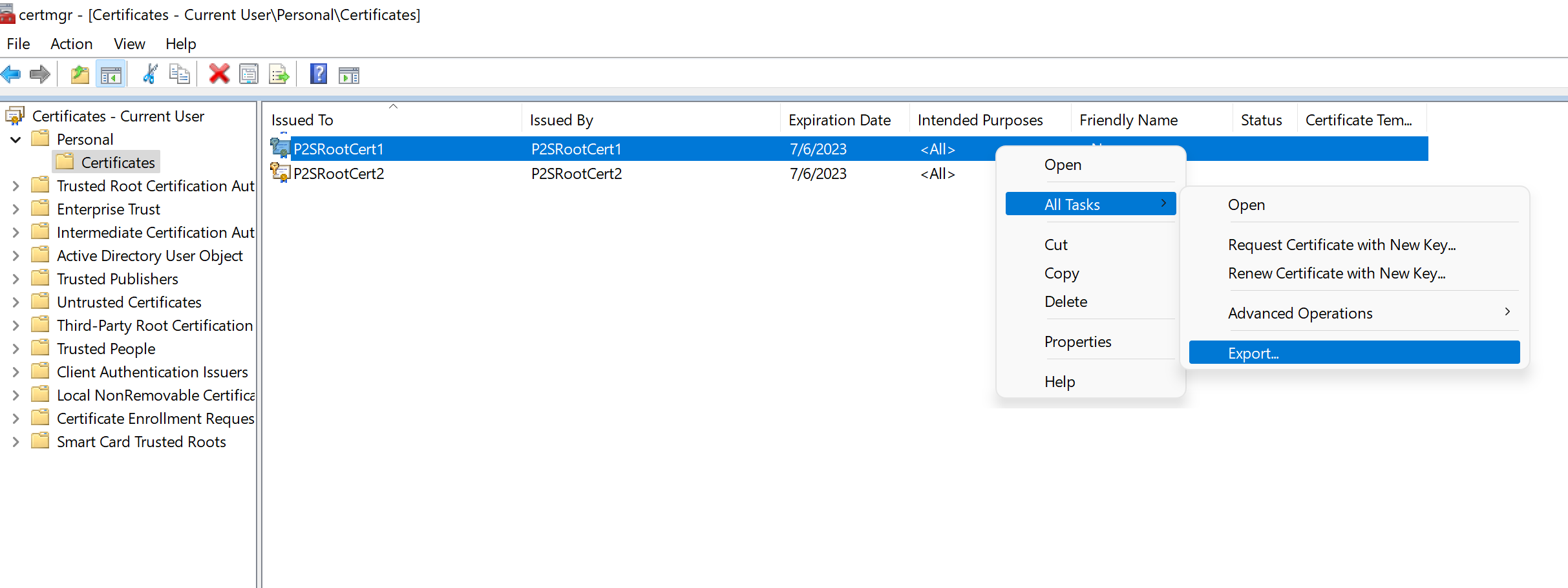 Screenshot shows the Certificates window with All Tasks  then Export selected.