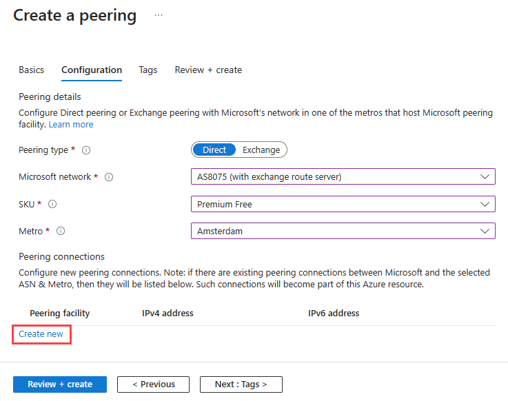 Screenshot of the Configuration tab of creating a peering in the Azure portal.