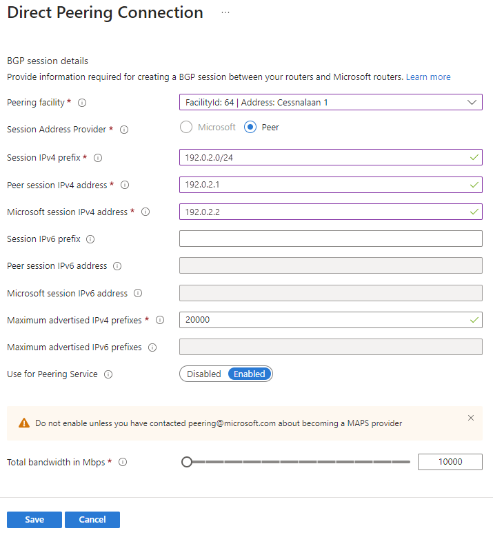 Screenshot of creating a direct peering connection.