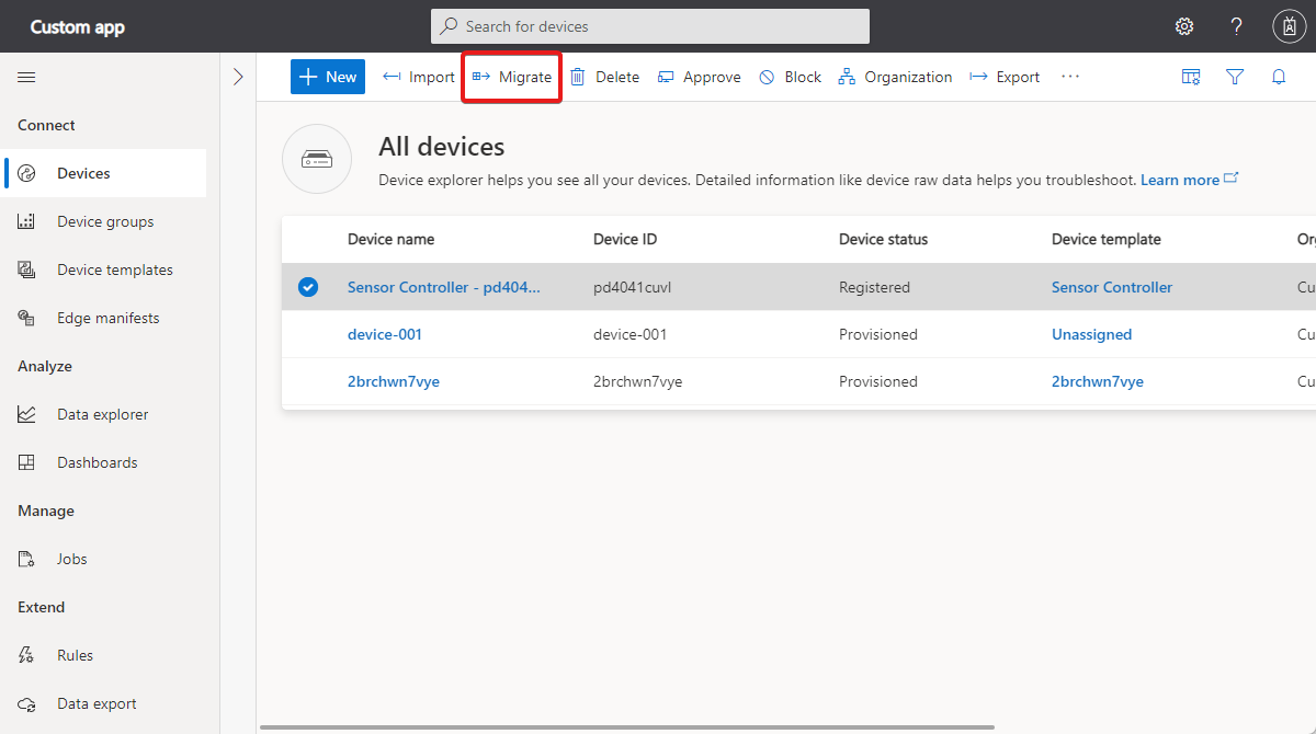 Screenshot that shows how to choose the option to start migrating a device.