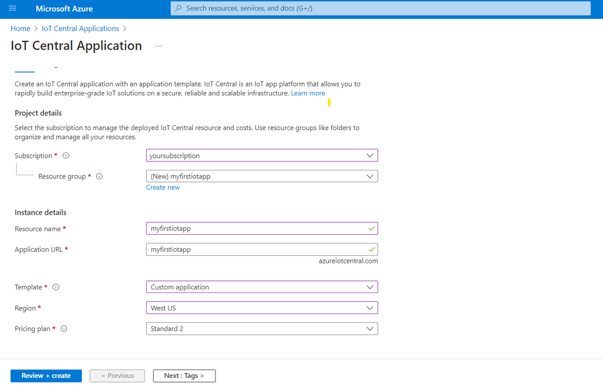 Screenshot that shows the Azure portal form for creating an I o T Central application.