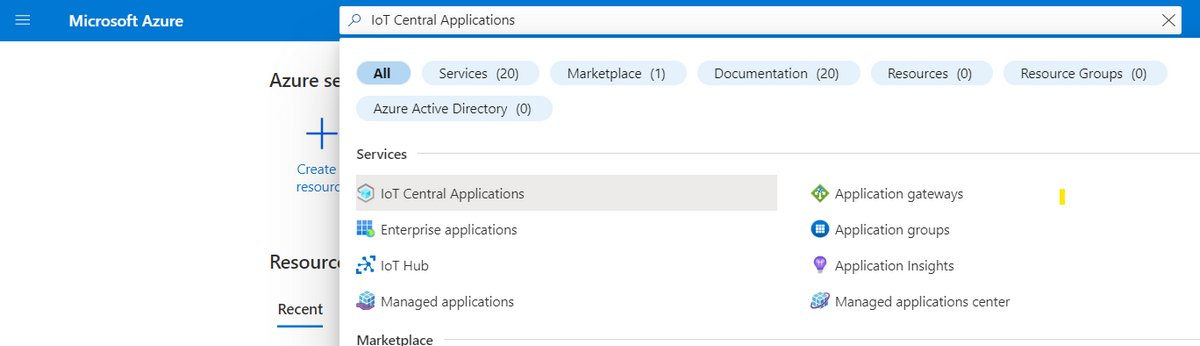 Screenshot that shows the search results for I o T Central Applications with the first service selected.