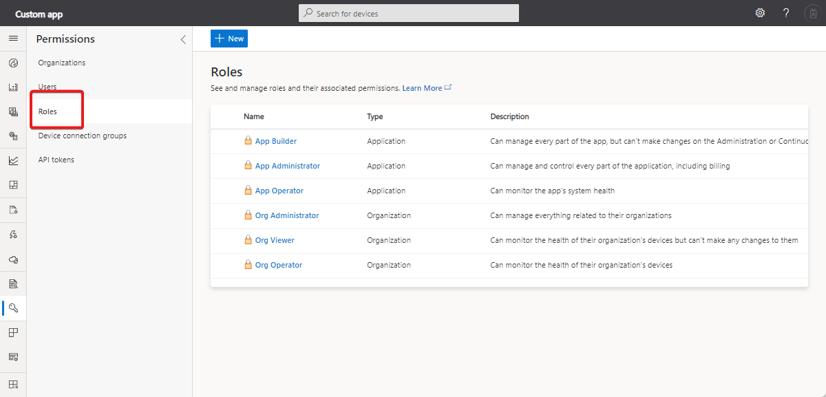 Screenshot that shows how to manage roles.