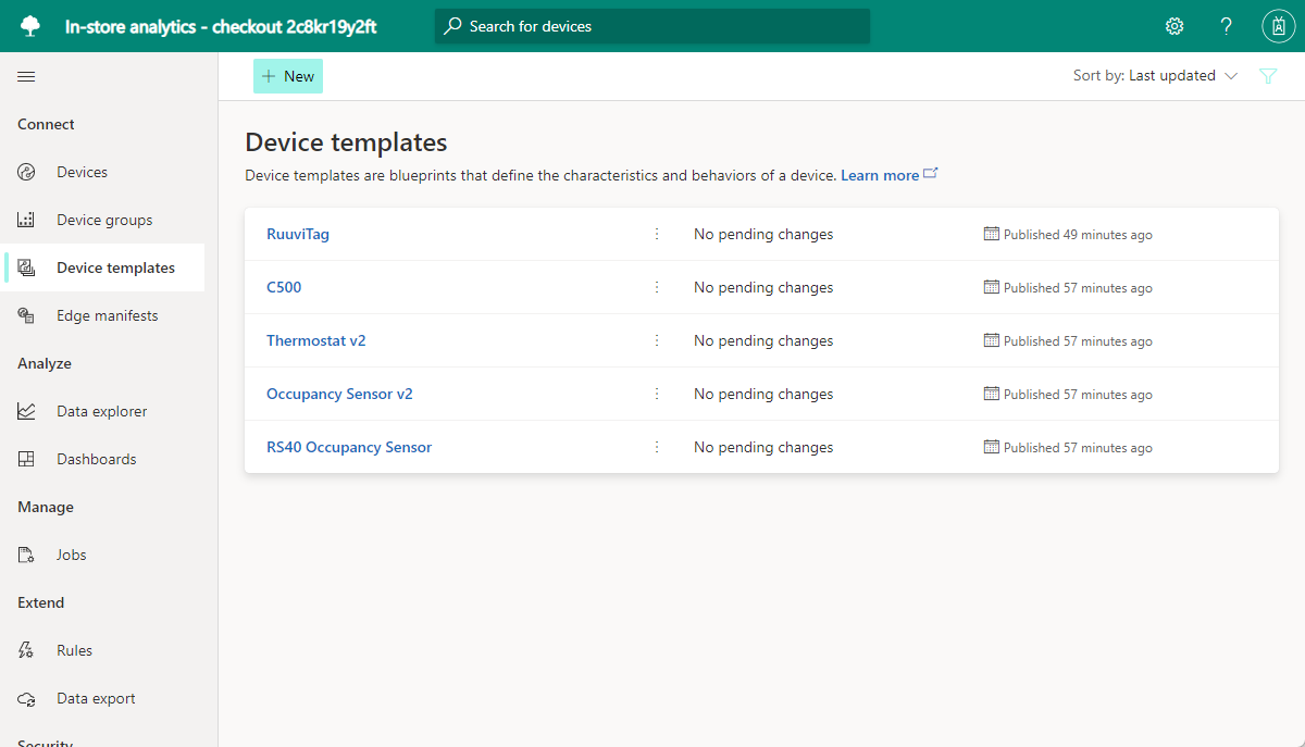 Screenshot that shows the in-store analytics application device templates.