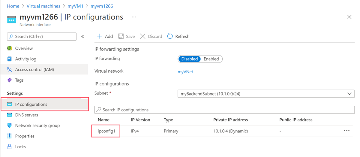 Screenshot of myVM1 network interface configuration.